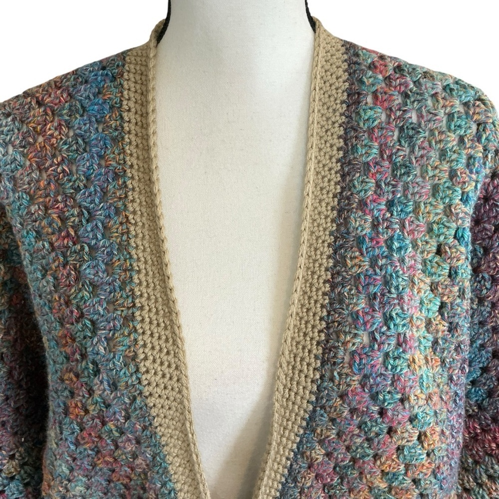 Handcrafted Crochet Hexagon Cardigan Sweater Open Front Wide Sleeve 2 Pockets - Picture 3 of 16